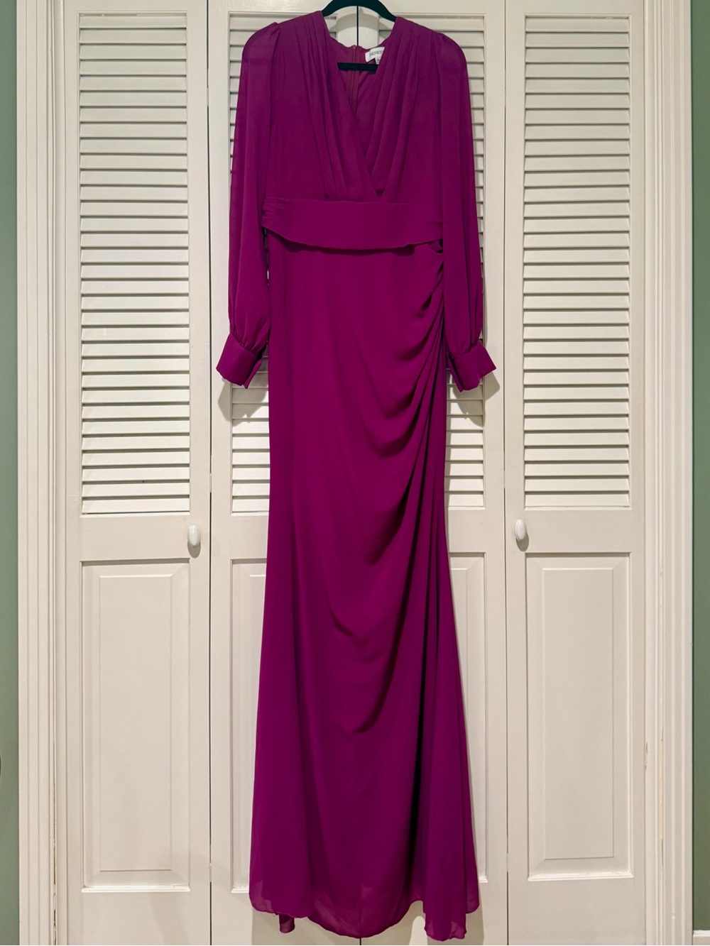 Faeriesty Magenta Fuchsia Formal Maxi Gown – Long Sleeve, Ruched, Size XL